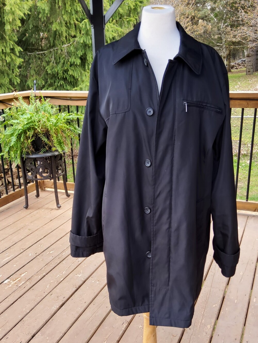 London Fog Black Men's Button-Front Raincoat with Zipper Chest Pocket